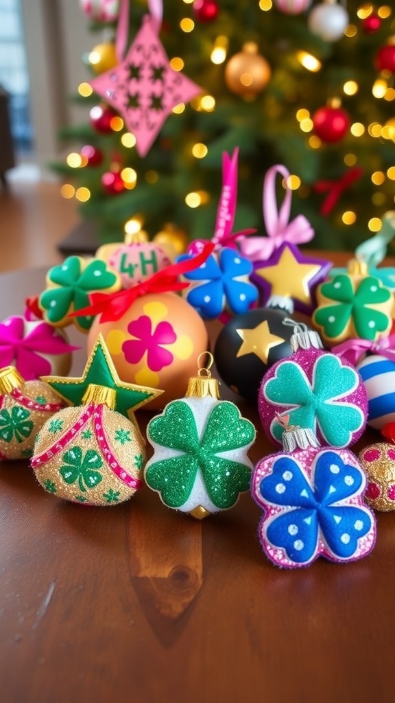Colorful handmade 4-H Christmas ornaments on a table with a Christmas tree in the background.